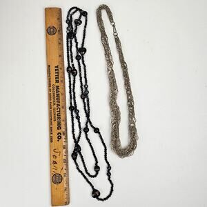 Lot two VTG necklaces silver linked metal 24" one glass and pearl bead 60"